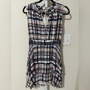 Parker Matilda sleeveless tiered silk dress in a multicolor abstract plaid print